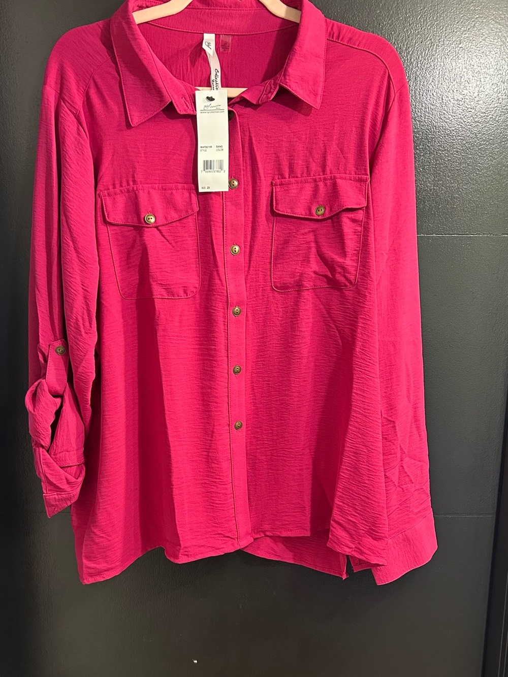 NY Collection Hot Pink Button-Front Pocket Shirt
